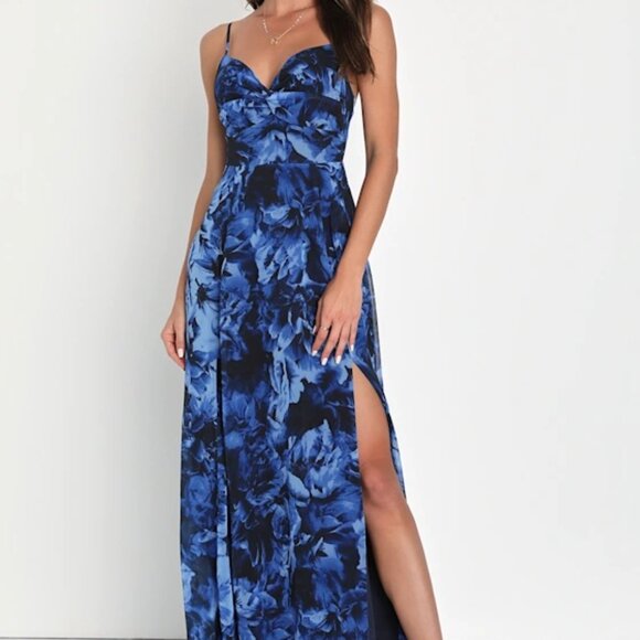 NWT Lulus Beautiful Soul Blue Floral Print Twist-Front Maxi Dress - Picture 3 of 4